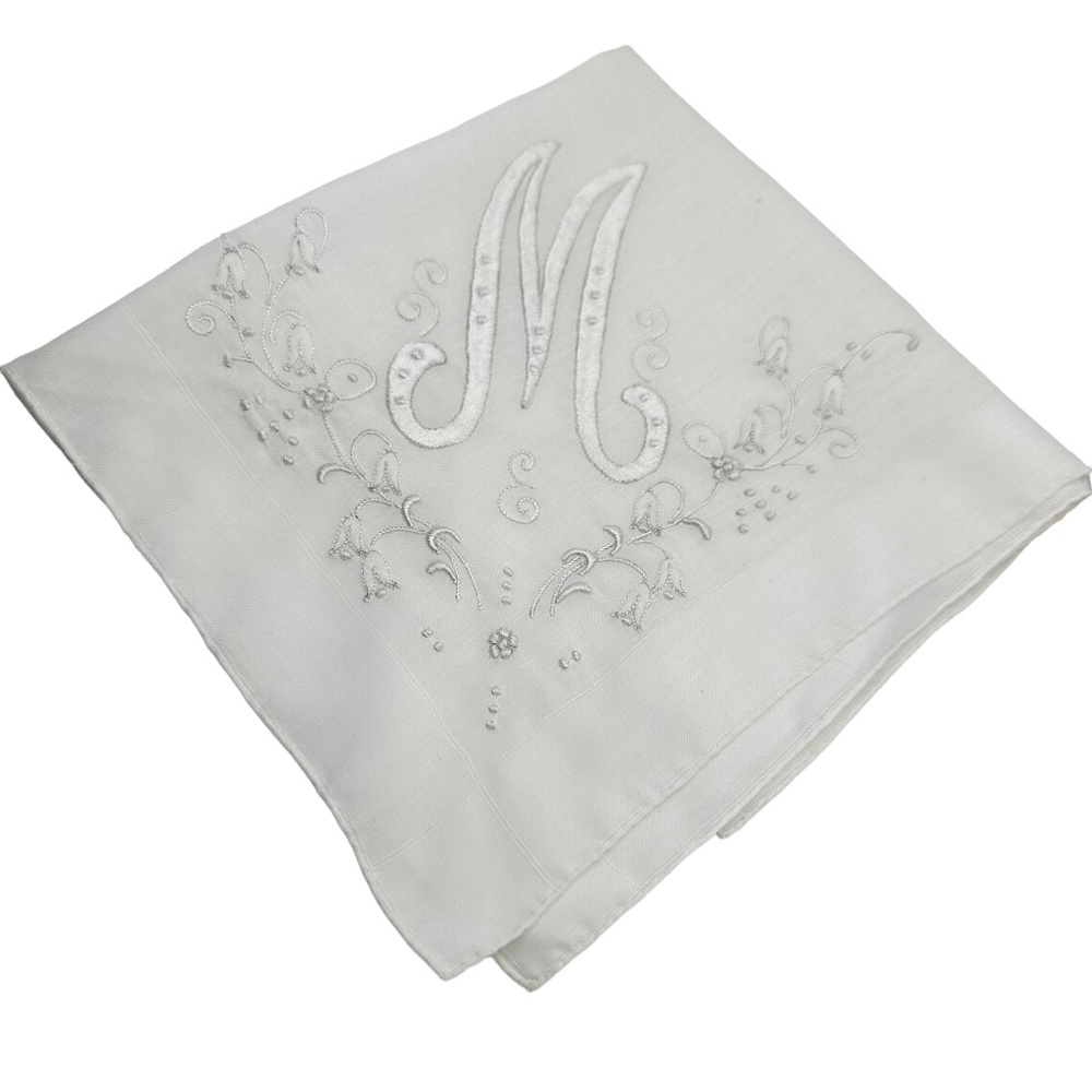 Vintage 14” White with Gray Embroidered Letter “M” Hankerchief Hanky Wedding